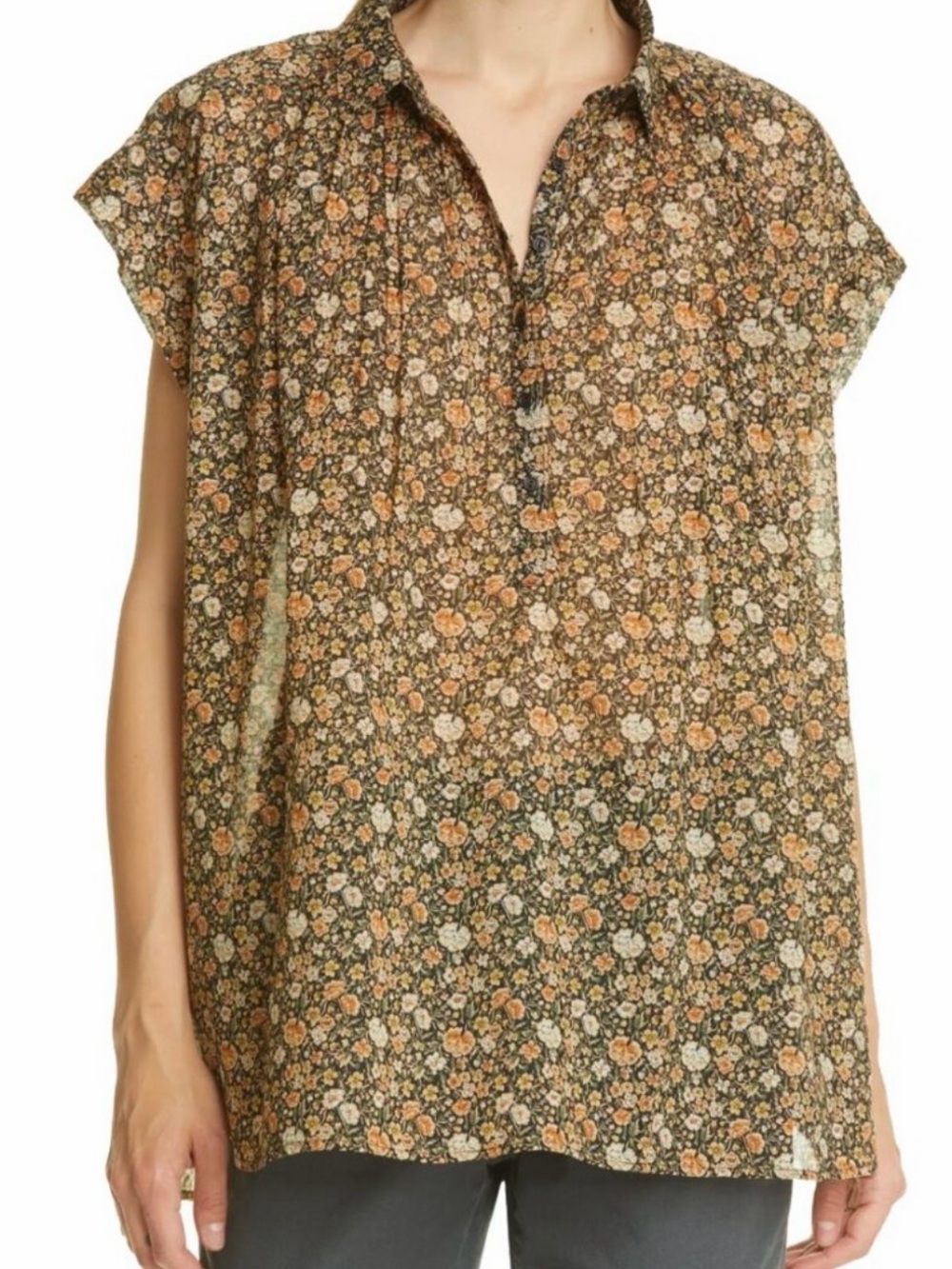 Nili Lotan Normandy Floral Cap Sleeves Cotton Blouse Size M